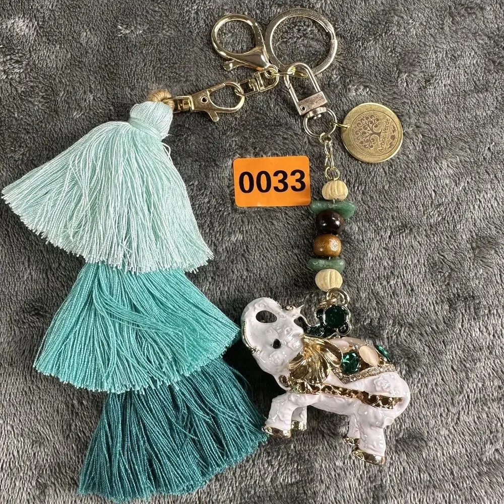 Elephant White Bag charm Keychain Metal enamel Boho Tassel Beading Unique.